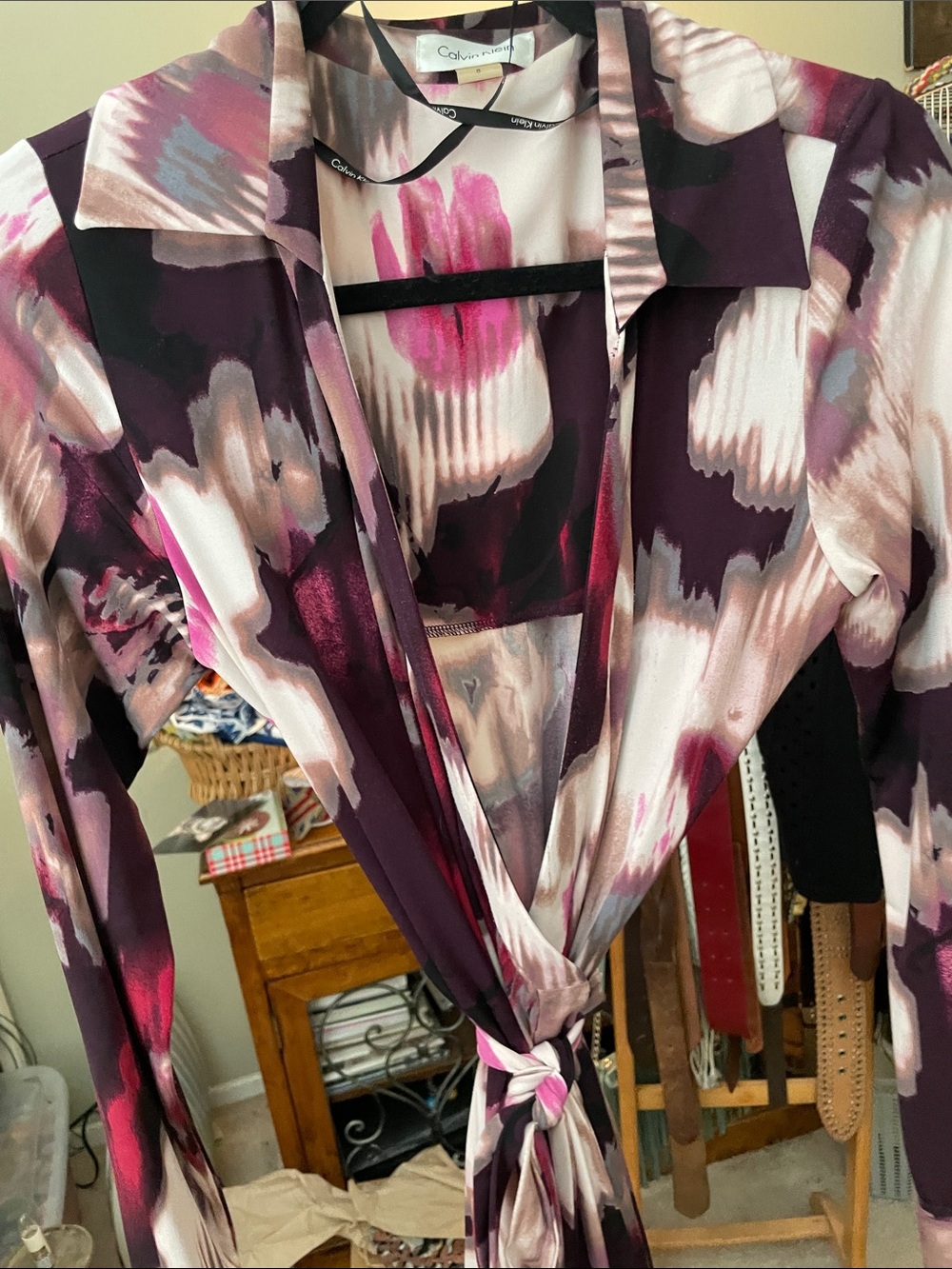 Calvin Klein Plum, Pink & White Abstract Wrap Dress